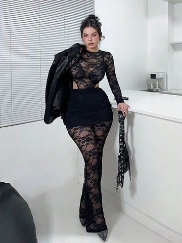 Women Lace Sexy Tight-Fitting Two-Piece Set Suitable For Club And Outdoor Dating