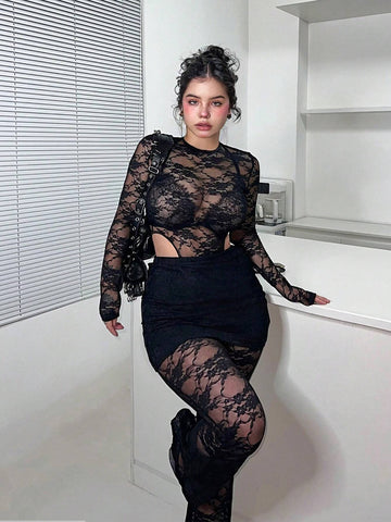 Women Lace Sexy Tight-Fitting Two-Piece Set Suitable For Club And Outdoor Dating