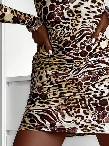 Women Leopard Print Bodycon Long Sleeve Dress, Casual & Fashionable For Everyday Wear