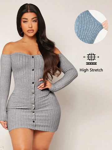 Women Off Shoulder Long Sleeve Plain Simplistic Button Front Fitted And Elegant Dress