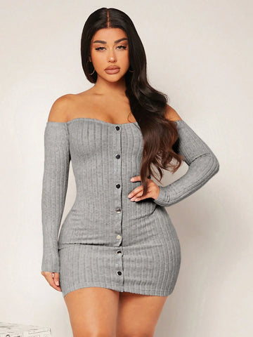 Women Off Shoulder Long Sleeve Plain Simplistic Button Front Fitted And Elegant Dress