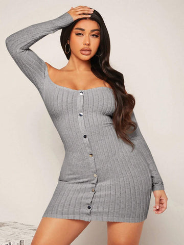 Women Off Shoulder Long Sleeve Plain Simplistic Button Front Fitted And Elegant Dress