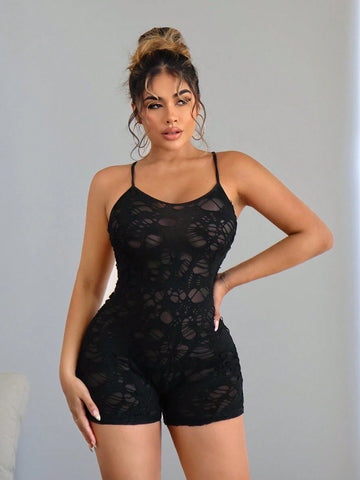 Women Sexy Solid Color Hollow Out Mesh Crisscross Back Sleeveless Jumpsuit