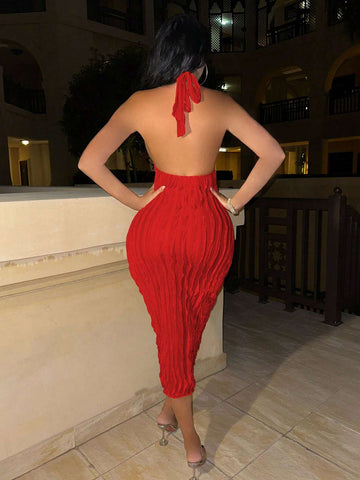 Women Sexy Solid Color Slim Backless Halter Bodycon Dress With Texture For Summer