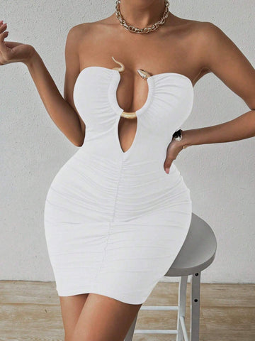 Women Snake Detail Hollow Out Strapless Bodycon Sexy Mini Dress