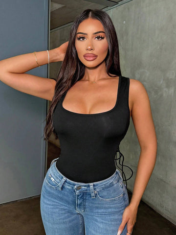 Women Solid Color Backless Hollow Out Jumpsuit With Shoulder Straps