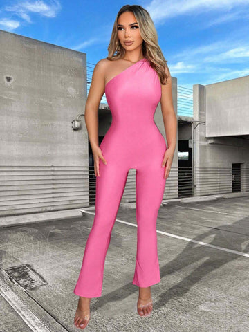Women Solid Color Backless Sexy Oblique Shoulder Jumpsuit