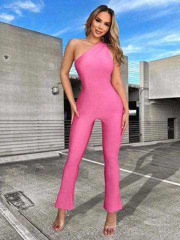 Women Solid Color Backless Sexy Oblique Shoulder Jumpsuit