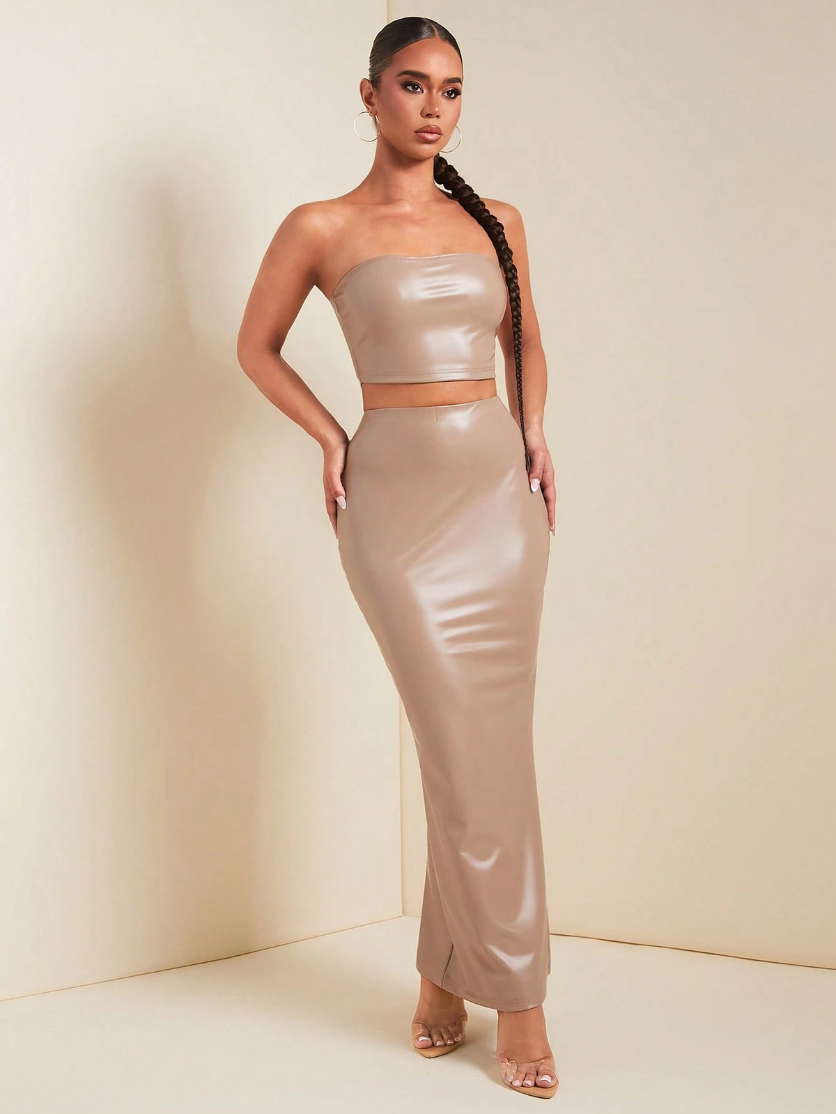 Women Solid Color Bodycon Cropped Tube Top And Extra Long Maxi Skirt Set