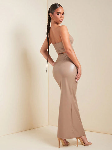 Women Solid Color Bodycon Cropped Tube Top And Extra Long Maxi Skirt Set