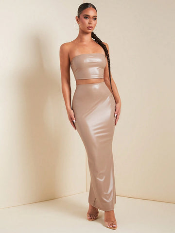 Women Solid Color Bodycon Cropped Tube Top And Extra Long Maxi Skirt Set