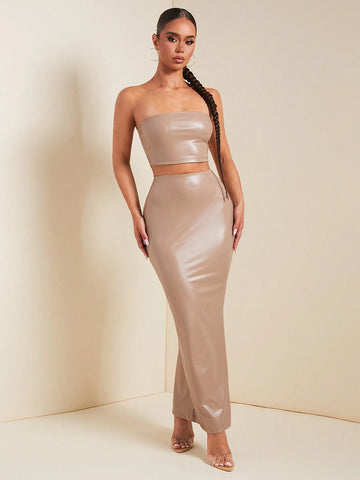 Women Solid Color Bodycon Cropped Tube Top And Extra Long Maxi Skirt Set