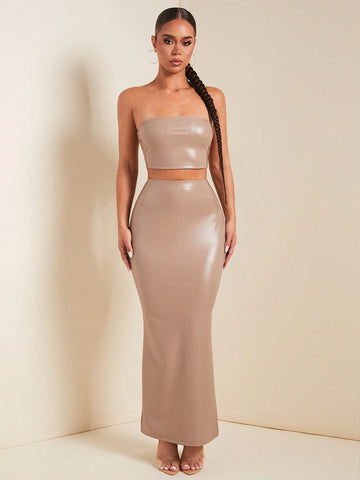 Women Solid Color Bodycon Cropped Tube Top And Extra Long Maxi Skirt Set