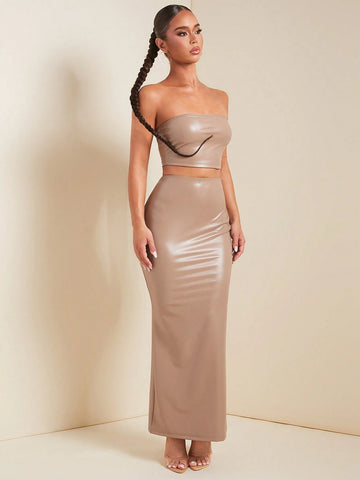 Women Solid Color Bodycon Cropped Tube Top And Extra Long Maxi Skirt Set
