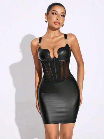 Women Solid Color Metal Buckle Sleeveless Dress