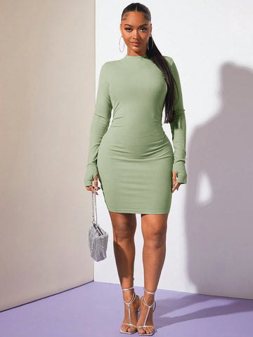 Women Solid Color Round Neck Long Sleeve Slim Fit Short Dress, Autumn