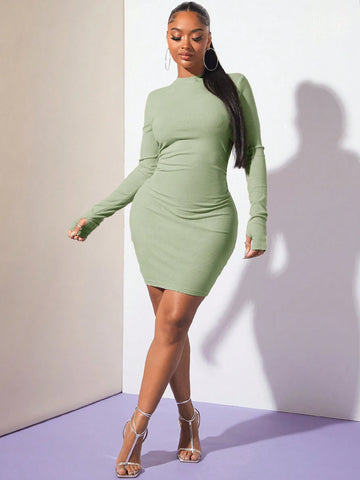 Women Solid Color Round Neck Long Sleeve Slim Fit Short Dress, Autumn