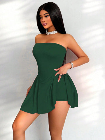 Women Solid Color Ruffle Hem Backless Strapless Dress