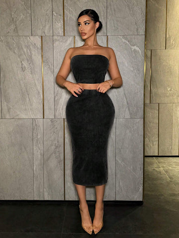 Women Solid Color Strapless Backless Crop Top And Skirt Two Pieces Set