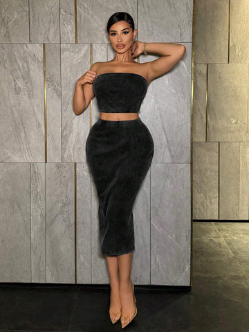 Women Solid Color Strapless Backless Crop Top And Skirt Two Pieces Set