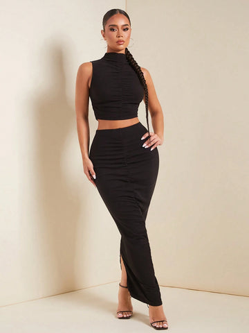 Women Solid Stand Collar Sleeveless Top And Pleated Split Hem Skirt Elegant 2-Piece Set