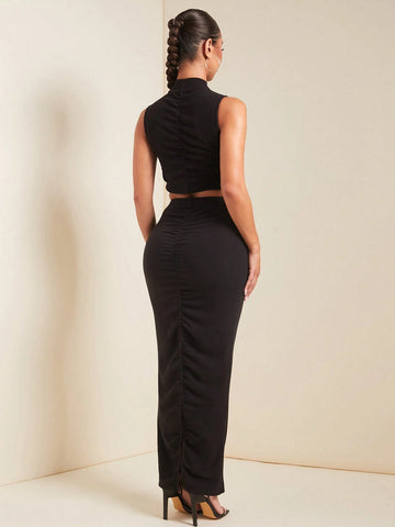 Women Solid Stand Collar Sleeveless Top And Pleated Split Hem Skirt Elegant 2-Piece Set