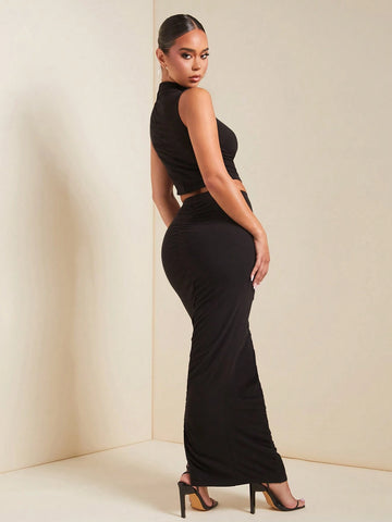 Women Solid Stand Collar Sleeveless Top And Pleated Split Hem Skirt Elegant 2-Piece Set