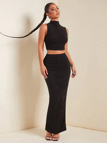 Women Solid Stand Collar Sleeveless Top And Pleated Split Hem Skirt Elegant 2-Piece Set