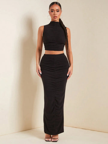 Women Solid Stand Collar Sleeveless Top And Pleated Split Hem Skirt Elegant 2-Piece Set