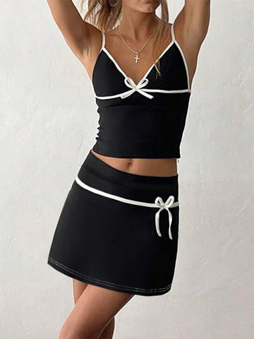 Women Summer Butterfly Knot Decorated Cami Top And Skirt Casual Two Piece Set