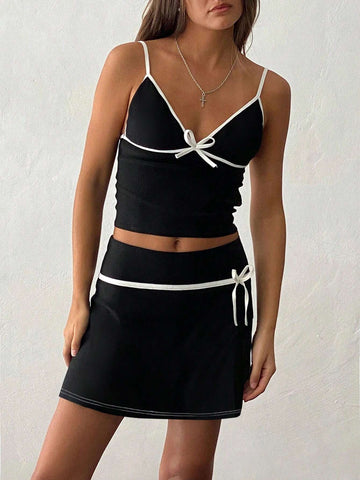 Women Summer Butterfly Knot Decorated Cami Top And Skirt Casual Two Piece Set