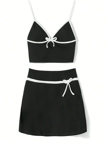 Women Summer Butterfly Knot Decorated Cami Top And Skirt Casual Two Piece Set