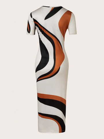 Women Summer Casual Color Block Short Sleeve Slim Fit Long Party Dress