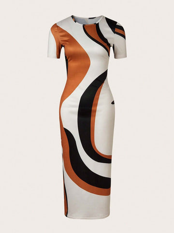 Women Summer Casual Color Block Short Sleeve Slim Fit Long Party Dress