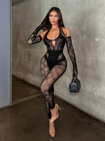 Women Summer Hollow Out Halter Neckline Strap Sexy Perspective Gold Fashionable Jumpsuit