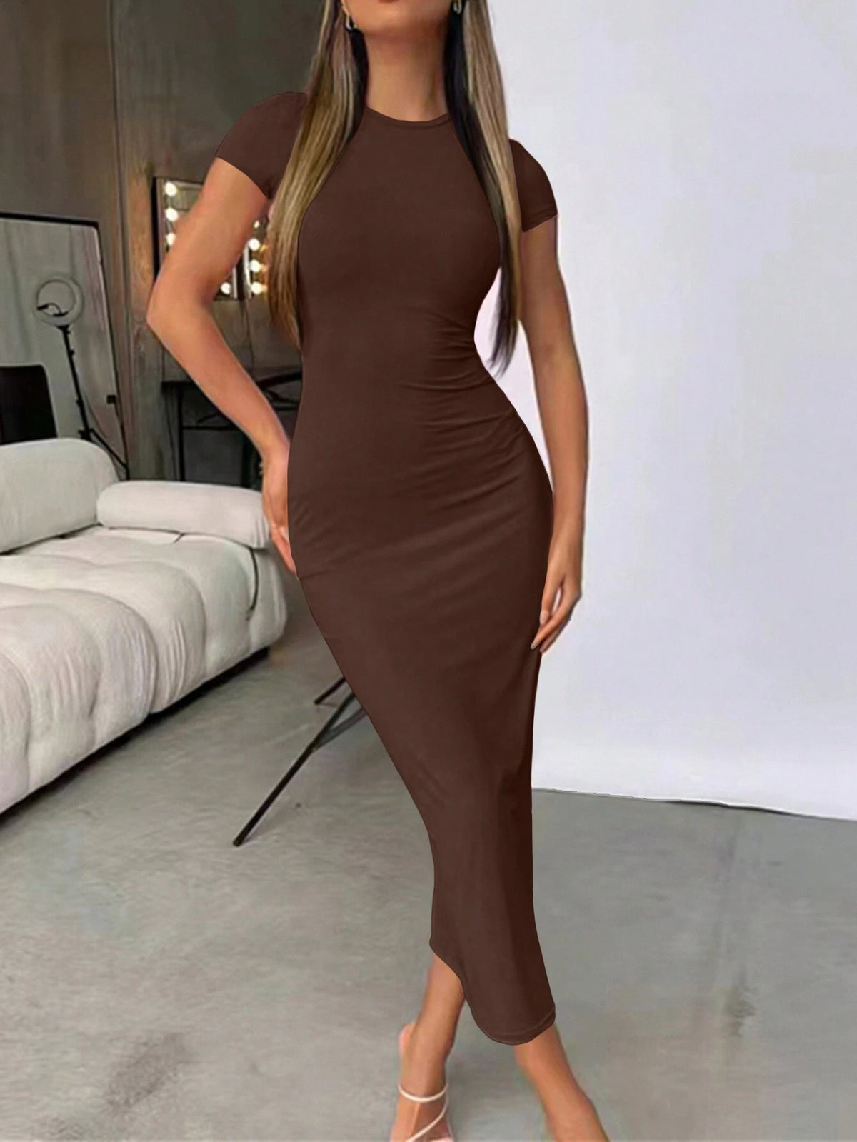 Women Summer Plain Crew Neck Bodycon Elegant Dress