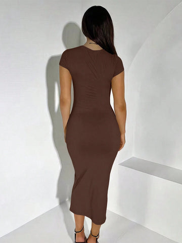 Women Summer Plain Crew Neck Bodycon Elegant Dress