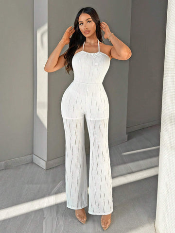 Women Summer Plain Texture Fabric Backless Fashionable Halter Tie Jumpsuit
