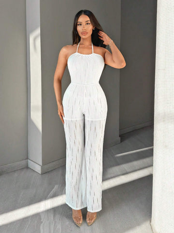 Women Summer Plain Texture Fabric Backless Fashionable Halter Tie Jumpsuit