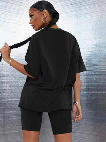 Women Summer Rhinestone Embellished Skull Printed Round Neck Short Sleeve Casual T-Shirt And Shorts Set