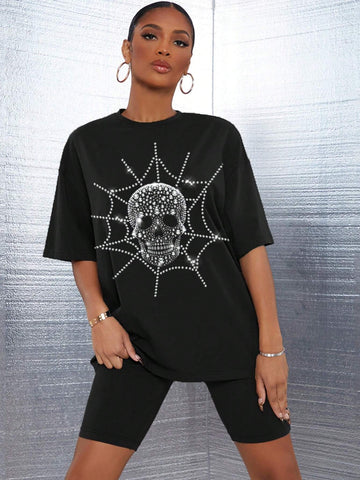Women Summer Rhinestone Embellished Skull Printed Round Neck Short Sleeve Casual T-Shirt And Shorts Set