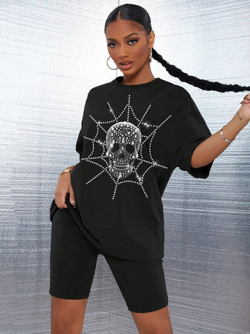 Women Summer Rhinestone Embellished Skull Printed Round Neck Short Sleeve Casual T-Shirt And Shorts Set