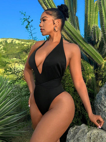 Women Summer Solid Color Deep V-Neck Halter Sexy Slim Fit Jumpsuit With Open Back