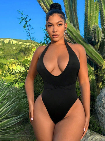 Women Summer Solid Color Deep V-Neck Halter Sexy Slim Fit Jumpsuit With Open Back