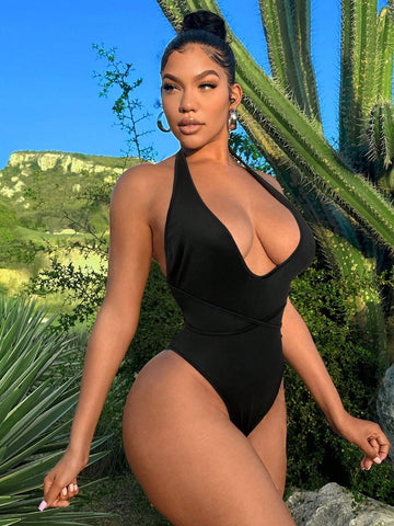 Women Summer Solid Color Deep V-Neck Halter Sexy Slim Fit Jumpsuit With Open Back