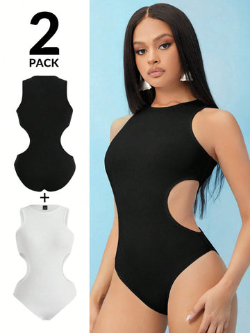 Women Summer Solid Color Round Neck Hollow Out Waist Casual Jumpsuit