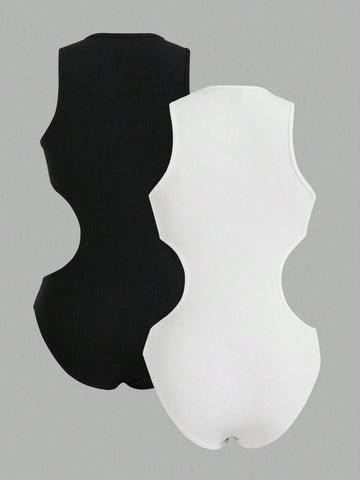 Women Summer Solid Color Round Neck Hollow Out Waist Casual Jumpsuit