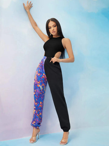 Women Summer Solid Color Round Neck Hollow Out Waist Casual Jumpsuit