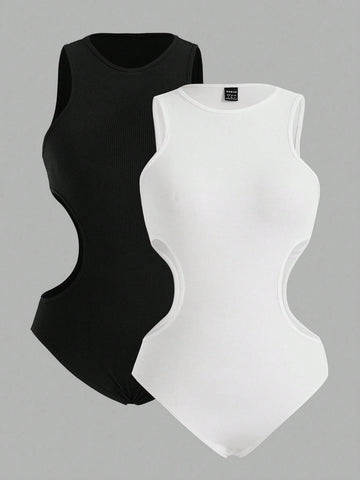 Women Summer Solid Color Round Neck Hollow Out Waist Casual Jumpsuit