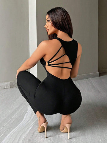 Women Summer Sweetheart Neck Hollow Out Backless Bodysuit Jumpsuit